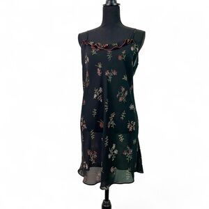 Vintage 90s Y2K Black Floral Mesh Sheer Mini Dress Ribbon Rose Detail Size XL